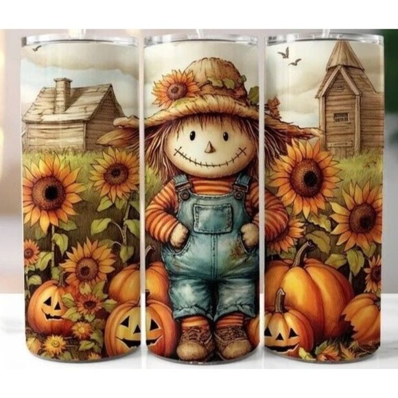 Handmade Other - Fall Pumpkin Scarecrow Sunflower 20oz Skinny Tumbler Travel Cup Double Insulated